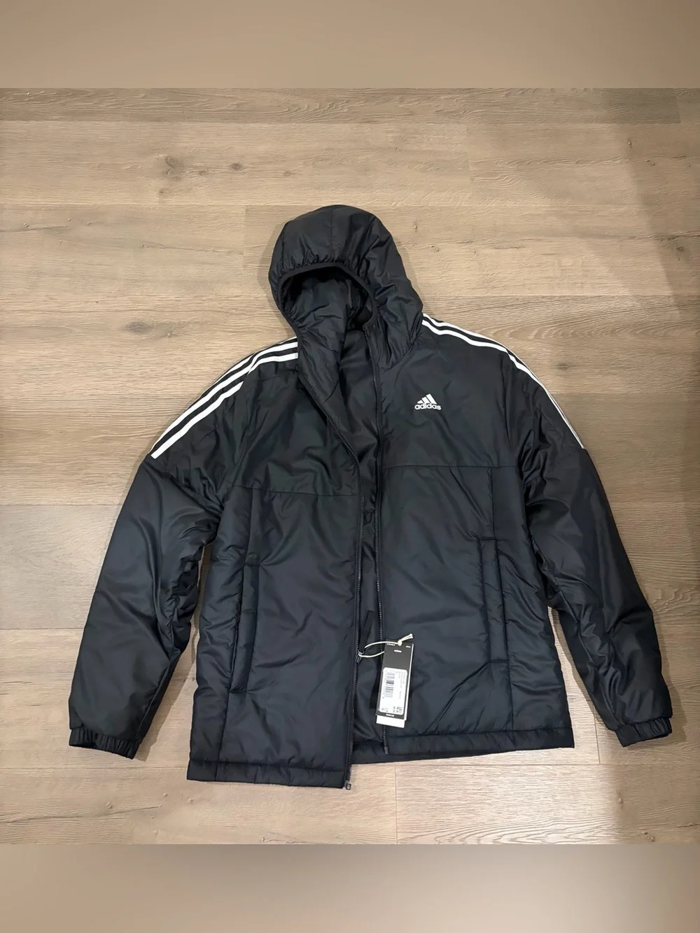 adidas Black Hooded Puffer Jacket with White Three-Stripes